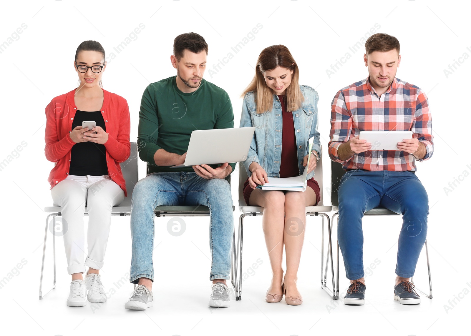 Photo of Group of people waiting for job interview on white background