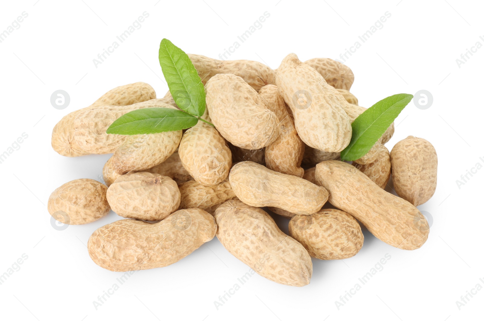 Photo of Fresh unpeeled peanuts and green leaves isolated on white