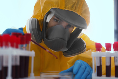 Photo of Scientist in chemical protective suit dripping blood  into Petri dish on white background, closeup. Virus research