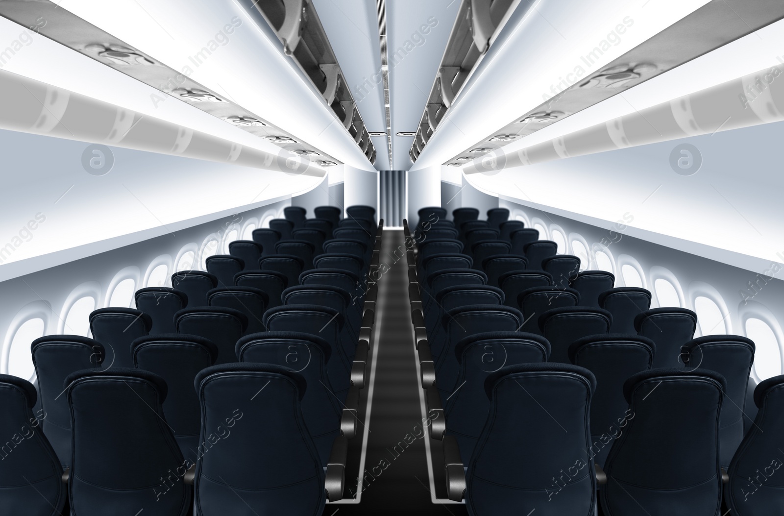 Image of Modern airplane cabin with comfortable seats 