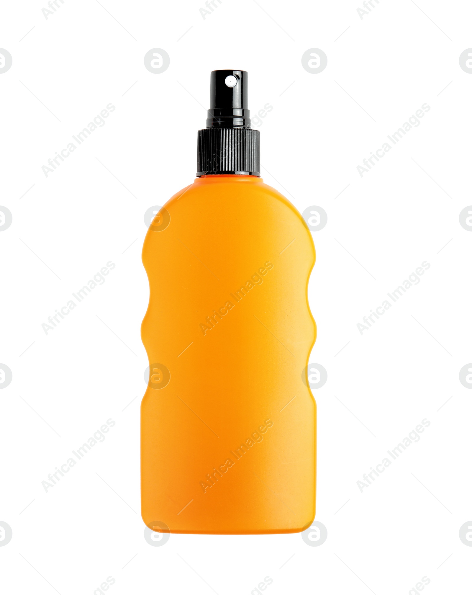 Photo of Bottle with sun protection body cream on white background