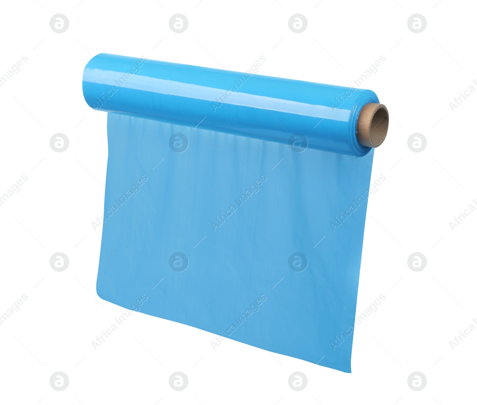 Photo of Roll of light blue stretch wrap isolated on white