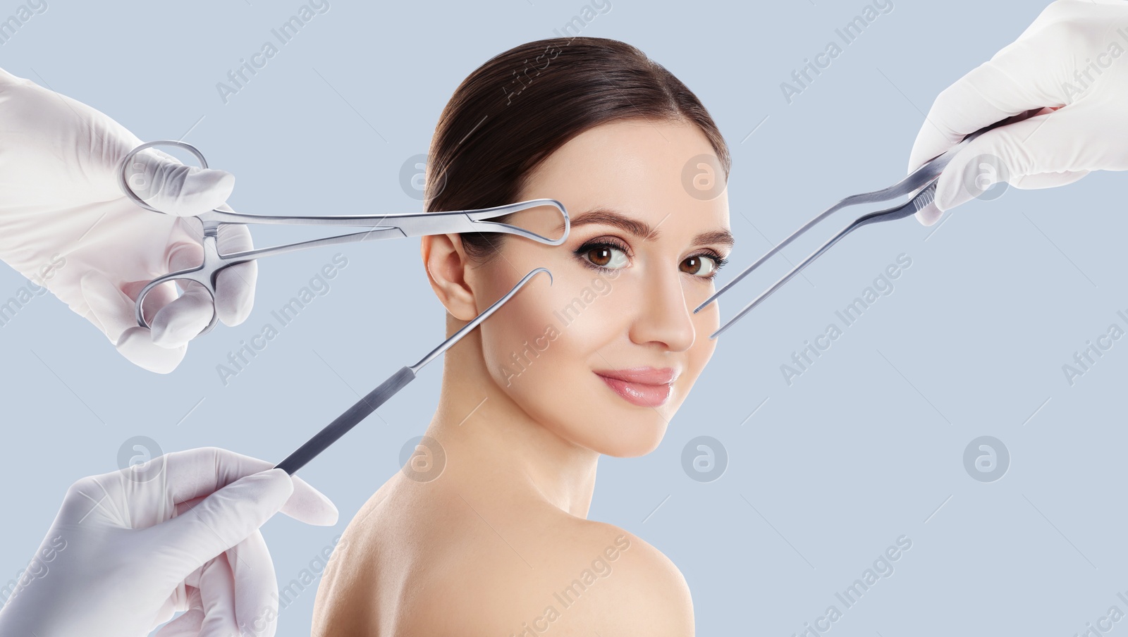 Image of Doctors with different instruments and young woman on light blue background, collage. Concept of plastic surgery 