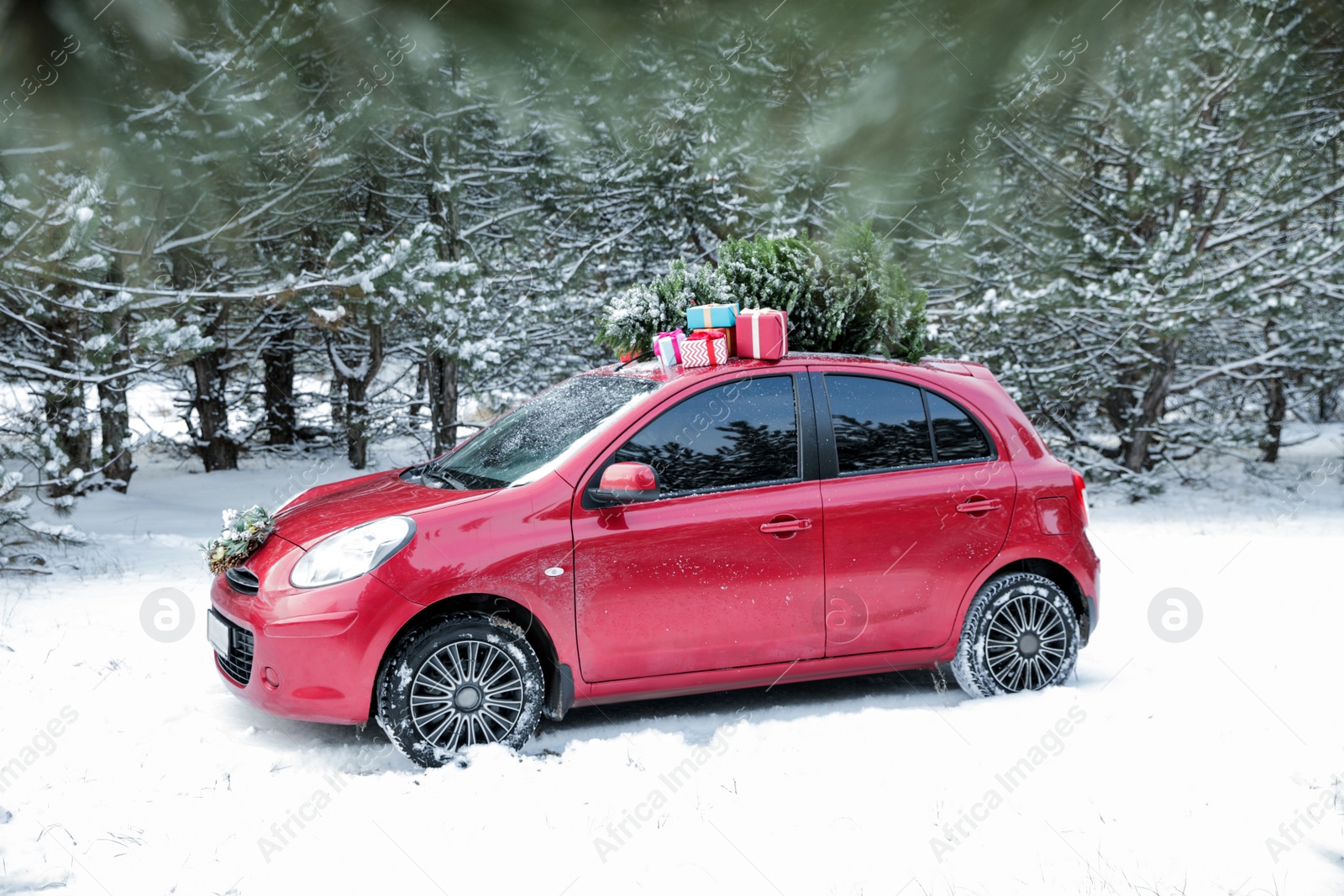 Photo of Car with Christmas tree and gifts in snowy forest on winter day