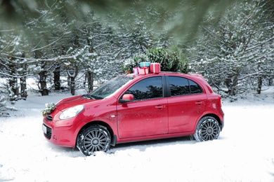 Car with Christmas tree and gifts in snowy forest on winter day