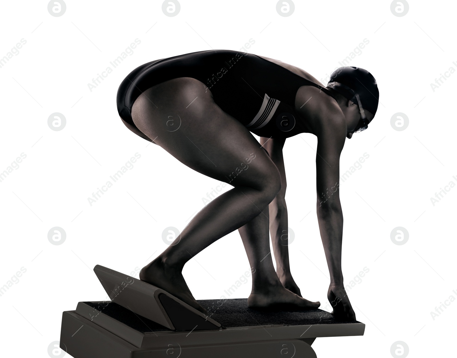 Image of Young athletic woman preparing for jump from swimming starting block on white background