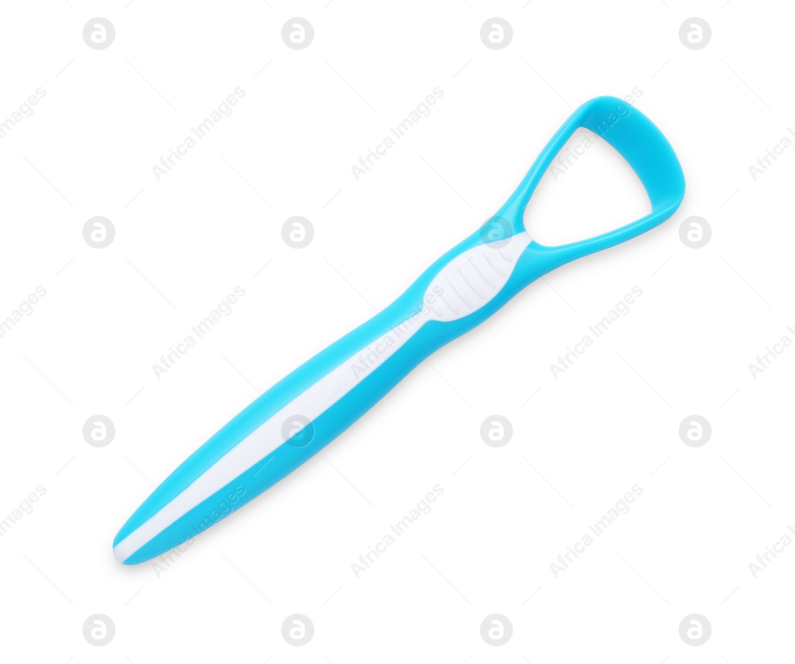 Photo of One light blue tongue cleaner isolated on white, top view. Dental care