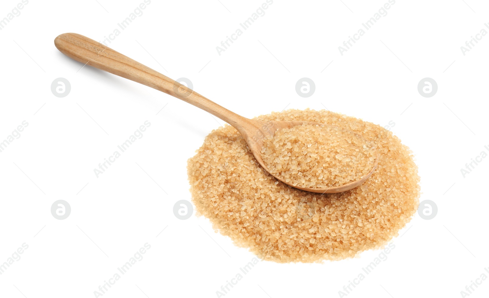 Photo of Pile of brown sugar and wooden spoon isolated on white