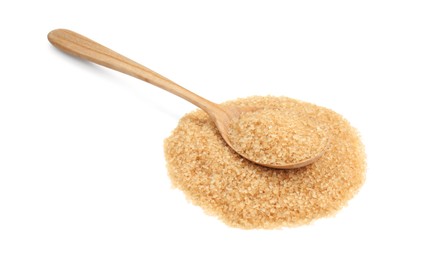 Photo of Pile of brown sugar and wooden spoon isolated on white