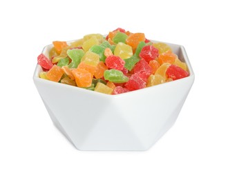 Mix of delicious candied fruits in bowl isolated on white