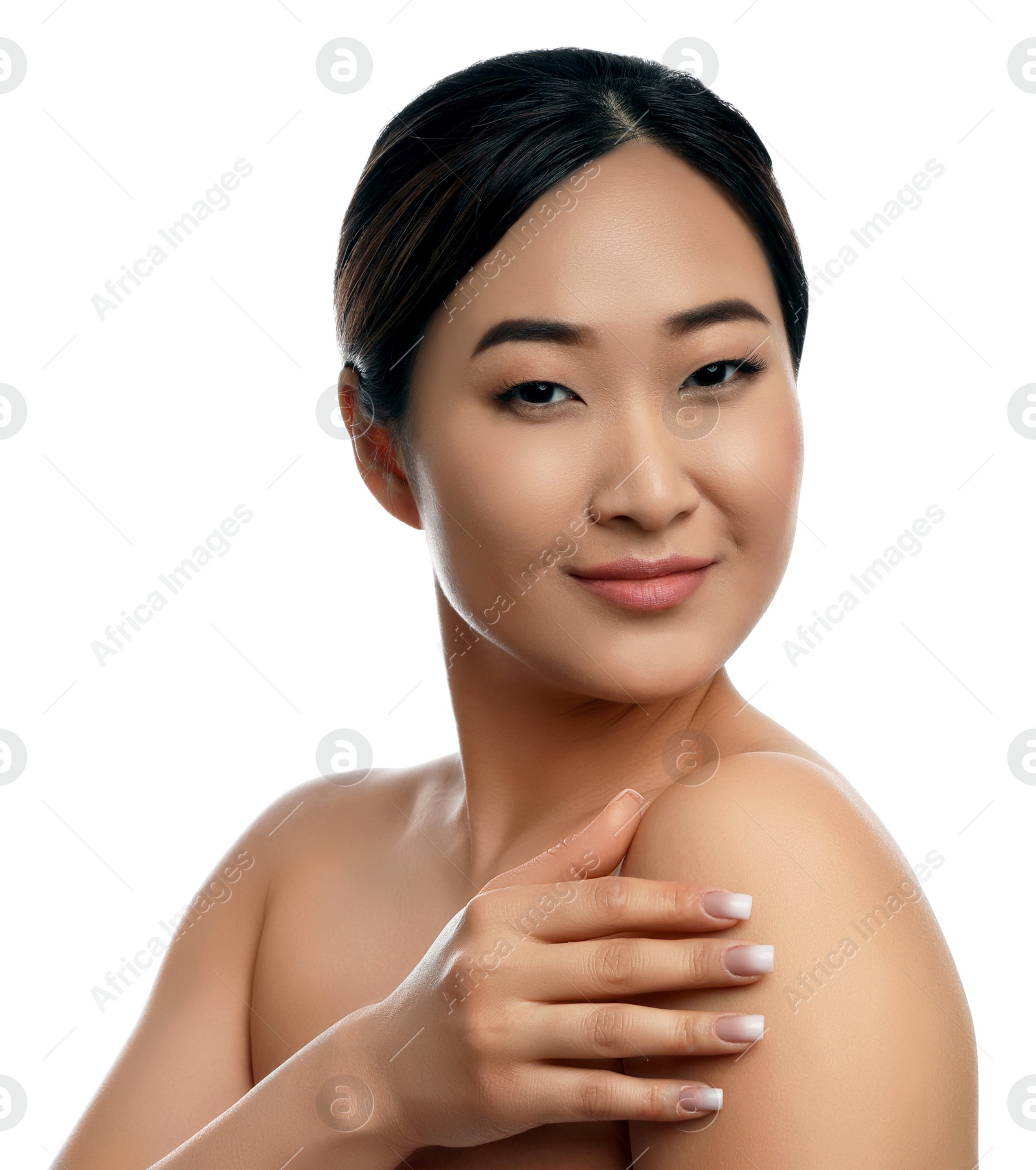 Photo of Portrait of beautiful Asian woman isolated on white. Spa treatment