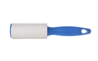 Photo of New lint roller with blue handle isolated on white