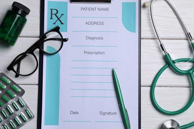 Photo of Flat lay composition with medical prescription form on white wooden table