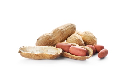 Raw peanuts on white background. Healthy snack