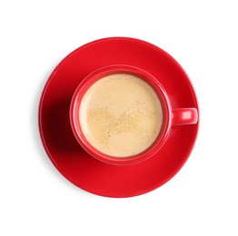 Photo of Red ceramic cup with hot aromatic coffee isolated on white, top view