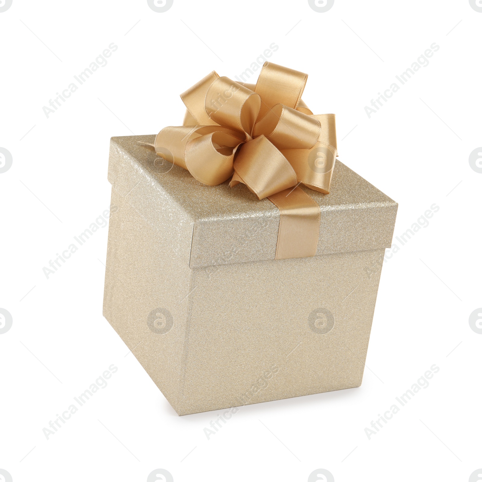 Photo of Beautiful golden gift box on white background