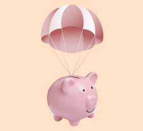 Image of Cute piggy bank with parachute flying on pink background