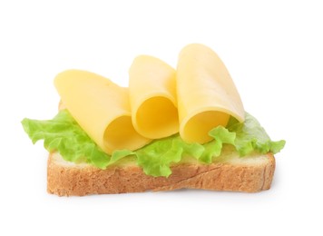 Photo of Tasty sandwich with slices of fresh cheese and lettuce isolated on white