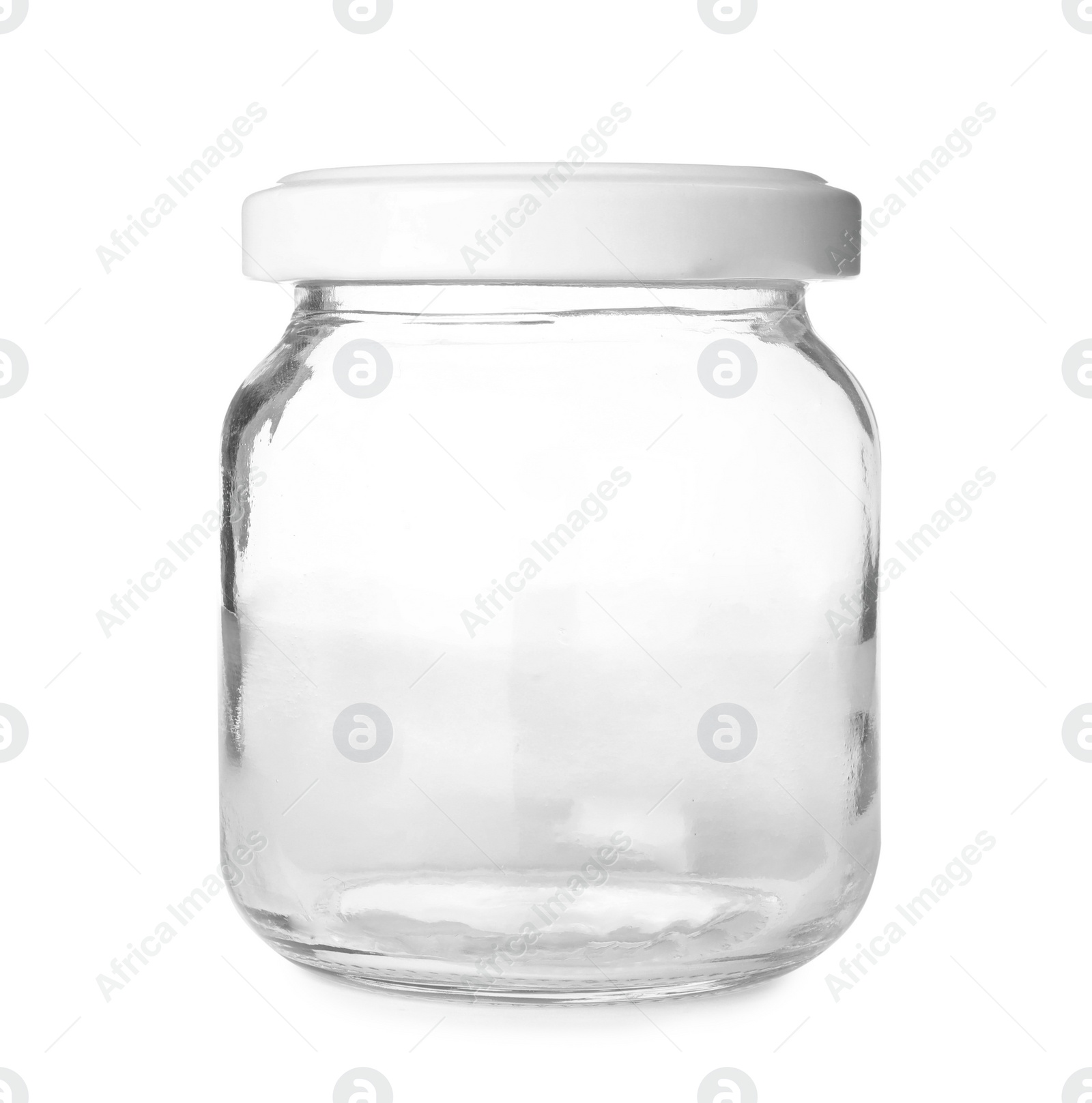 Photo of Closed empty glass jar isolated on white