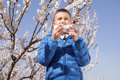 Photo of Little boy suffering from seasonal allergy outdoors on sunny day