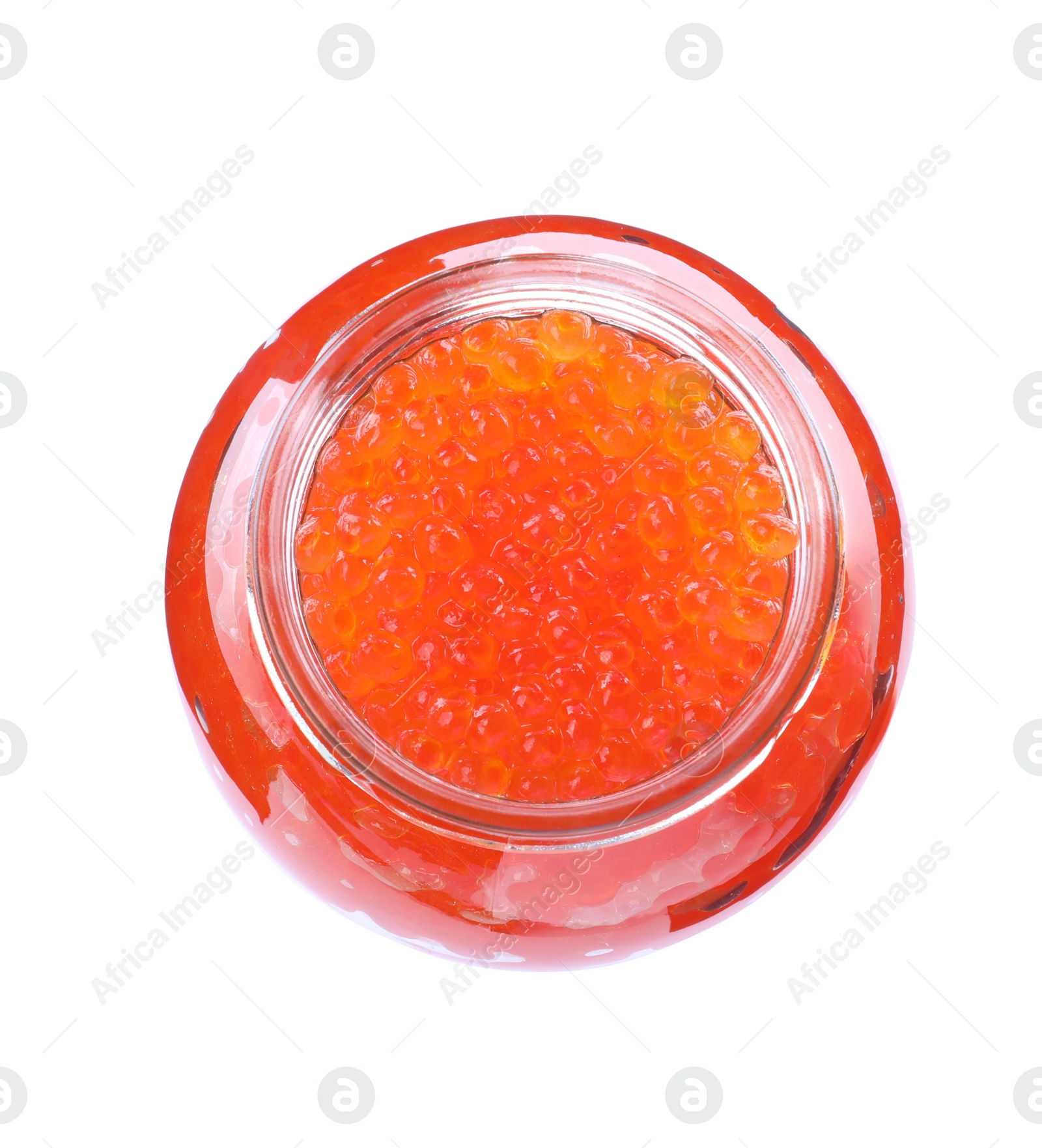 Photo of Open jar with delicious red caviar isolated on white, top view