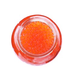 Photo of Open jar with delicious red caviar isolated on white, top view