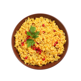 Photo of Tasty rice pilaf with pomegranate grains and parsley isolated on white, top view