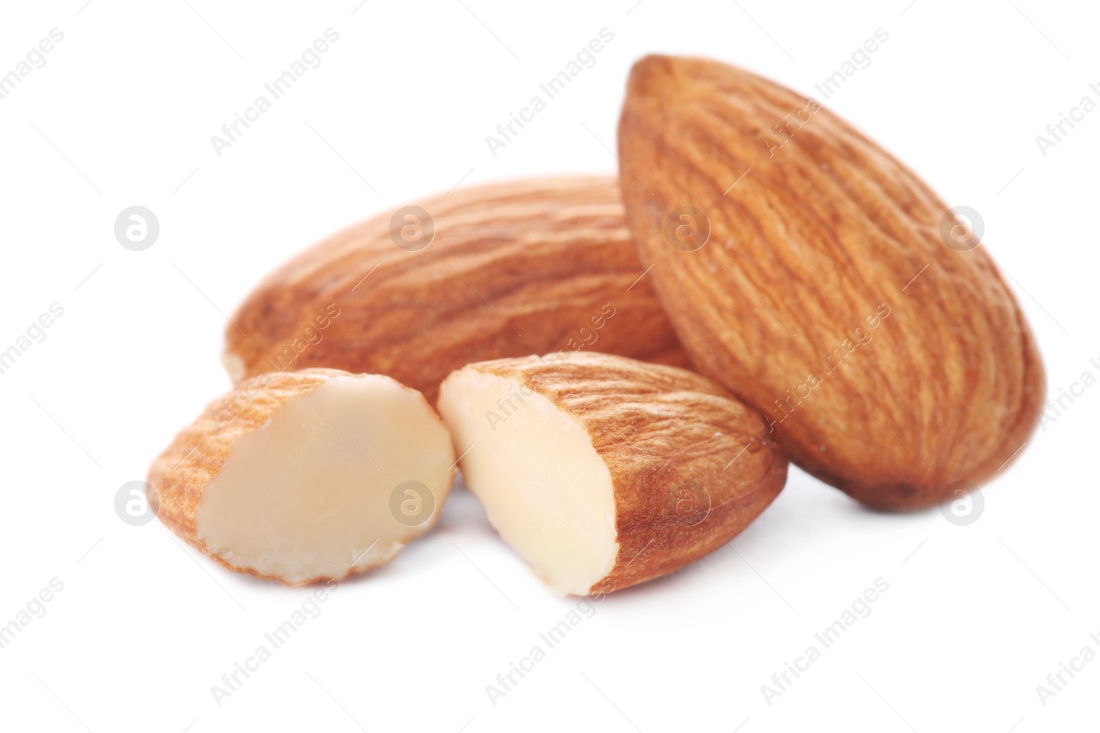 Photo of Organic almond nuts on white background. Healthy snack