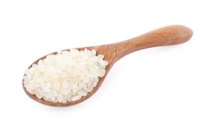 Photo of Spoon with raw rice isolated on white