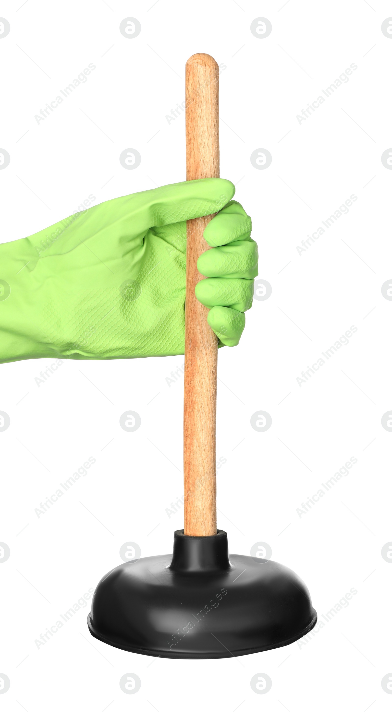 Photo of Woman holding plunger on white background, closeup. Toilet cleaning tool