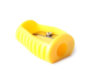 Image of Bright yellow pencil sharpener isolated on white. School stationery
