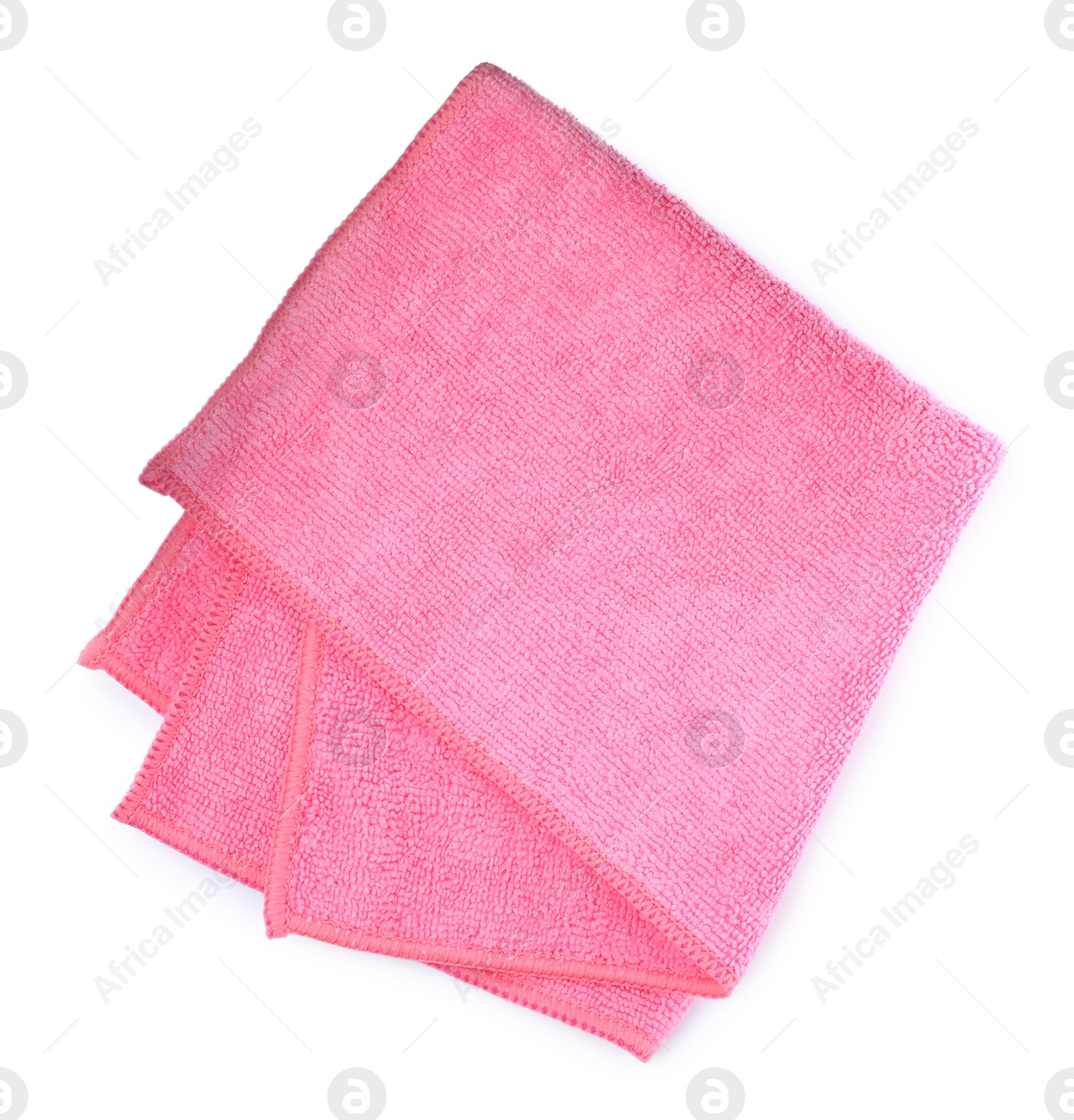 Photo of Pink microfiber cloth isolated on white, top view