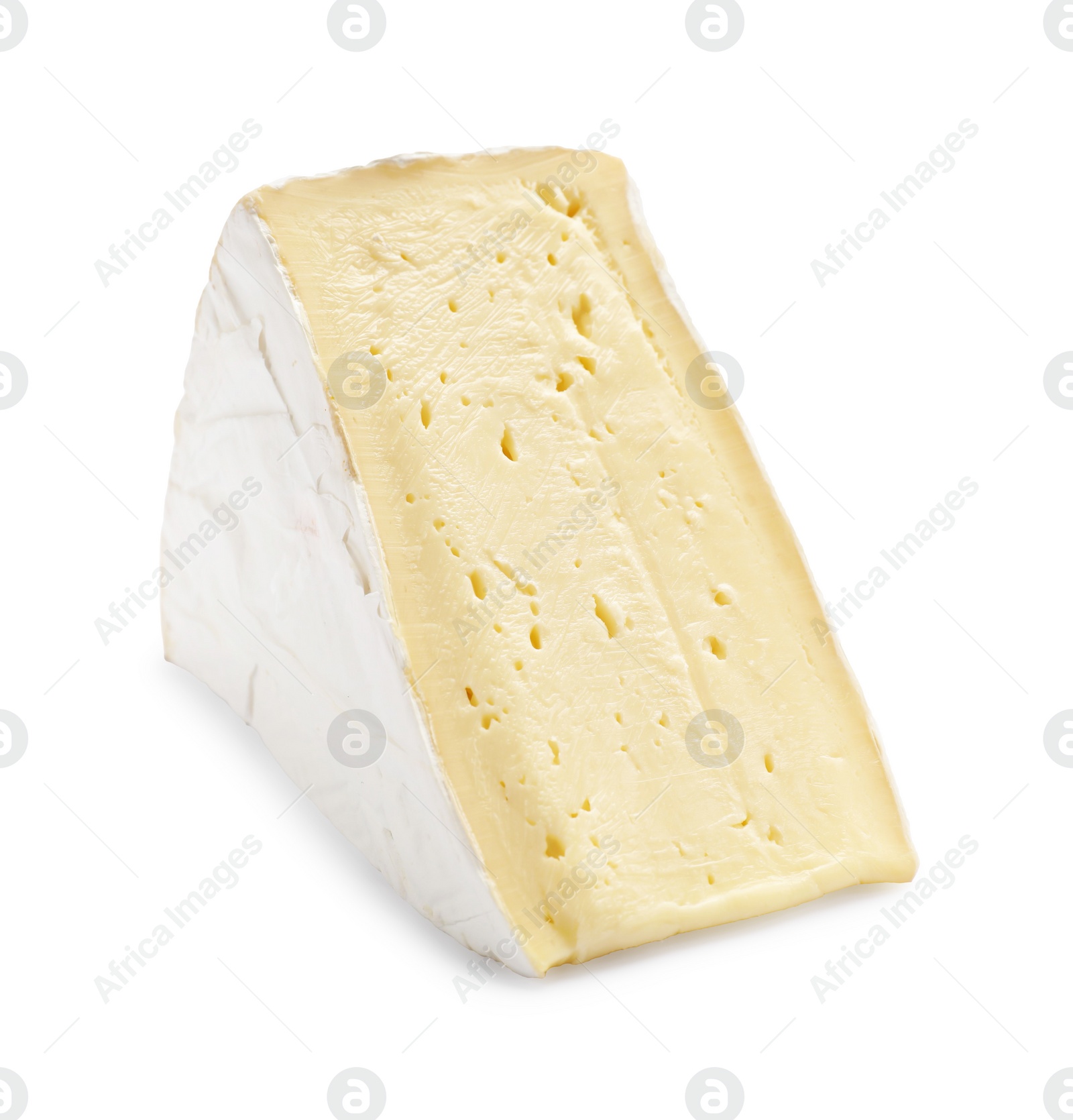 Photo of One piece of tasty camembert cheese isolated on white