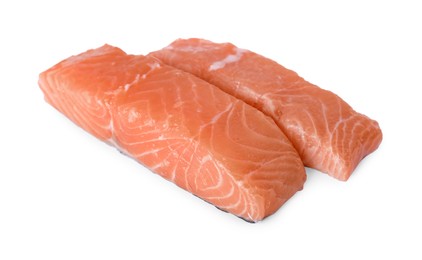 Photo of Pieces of fresh raw salmon on white background