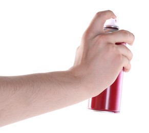 Photo of Man with can of spray paint on white background, closeup