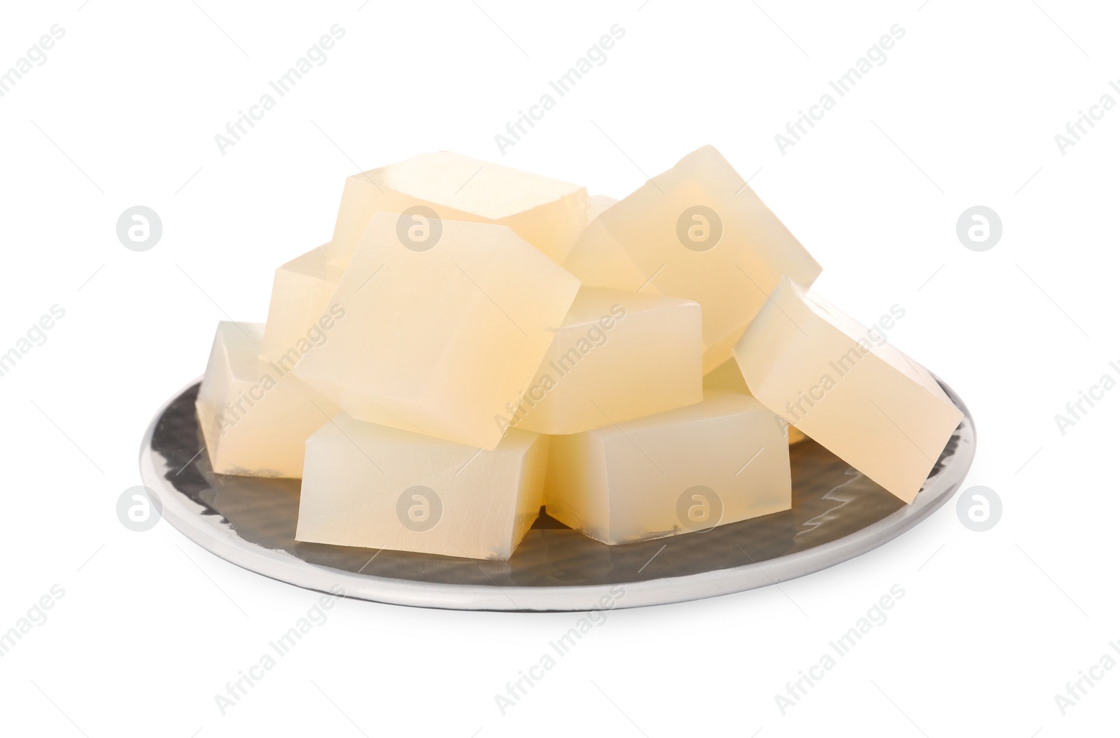 Photo of Many agar-agar jelly cubes on white background