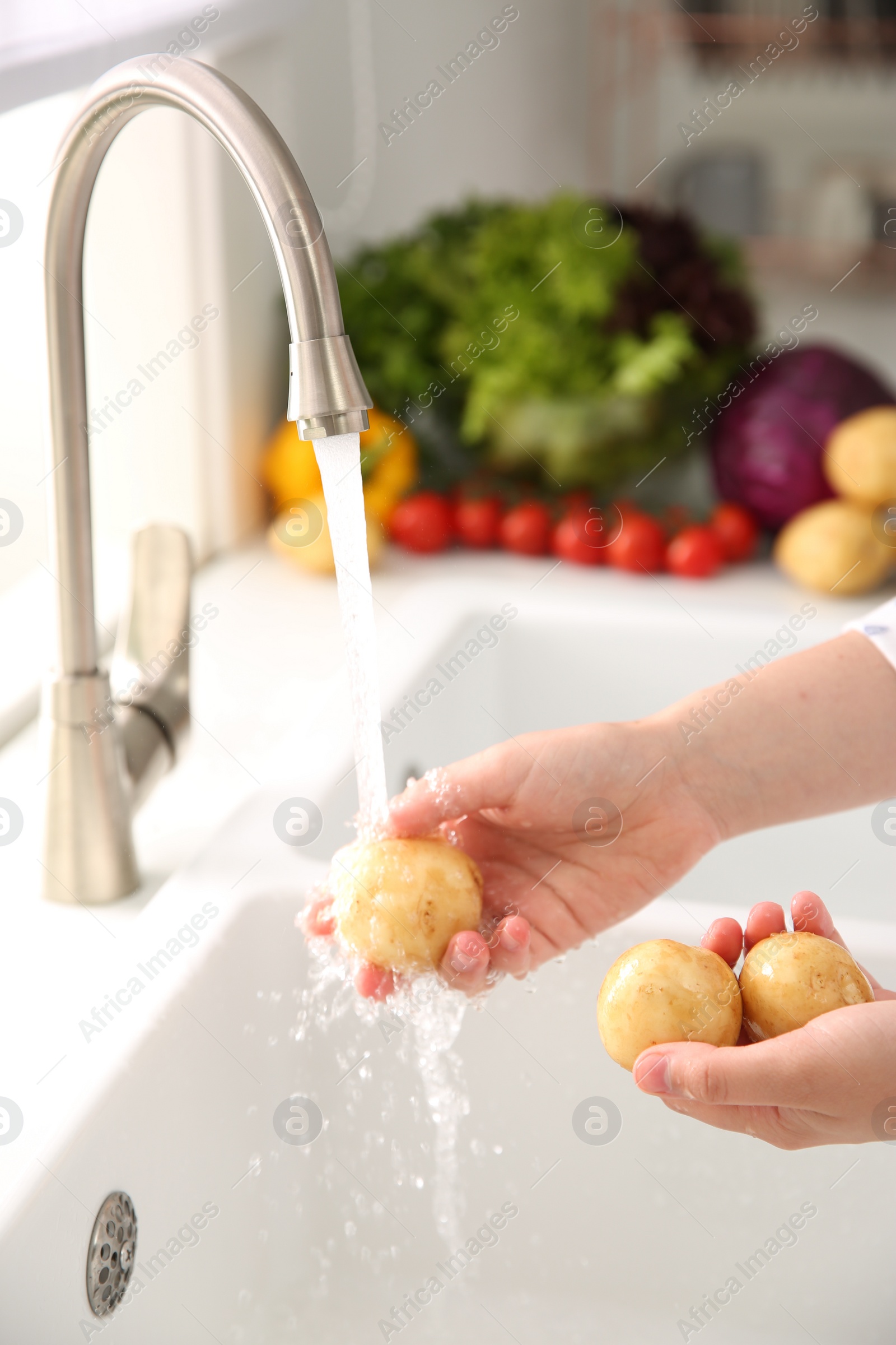 Photo of Woman washing fresh potatoes in kitchen sink, closeup