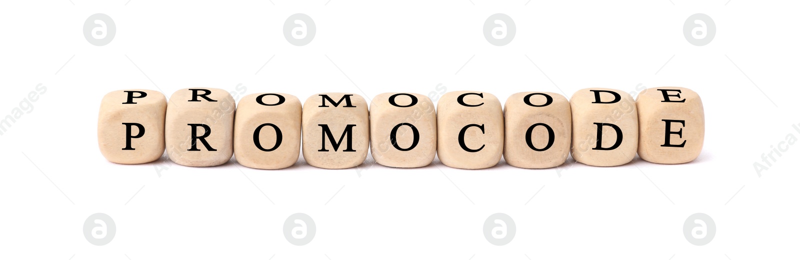 Photo of Wooden cubes with words Promo Code on white background