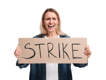 Screaming woman holding cardboard banner with word Strike on white background