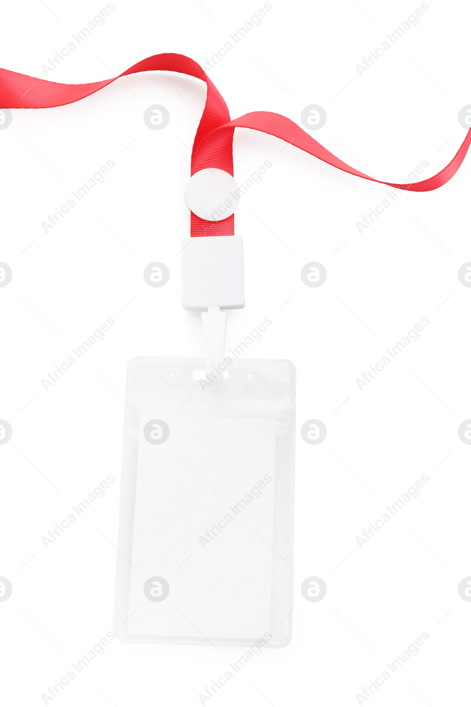 Photo of Blank badge with red string isolated on white, top view