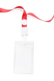 Photo of Blank badge with red string isolated on white, top view