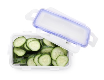 Photo of Plastic container with fresh cut cucumbers and lid isolated on white, top view