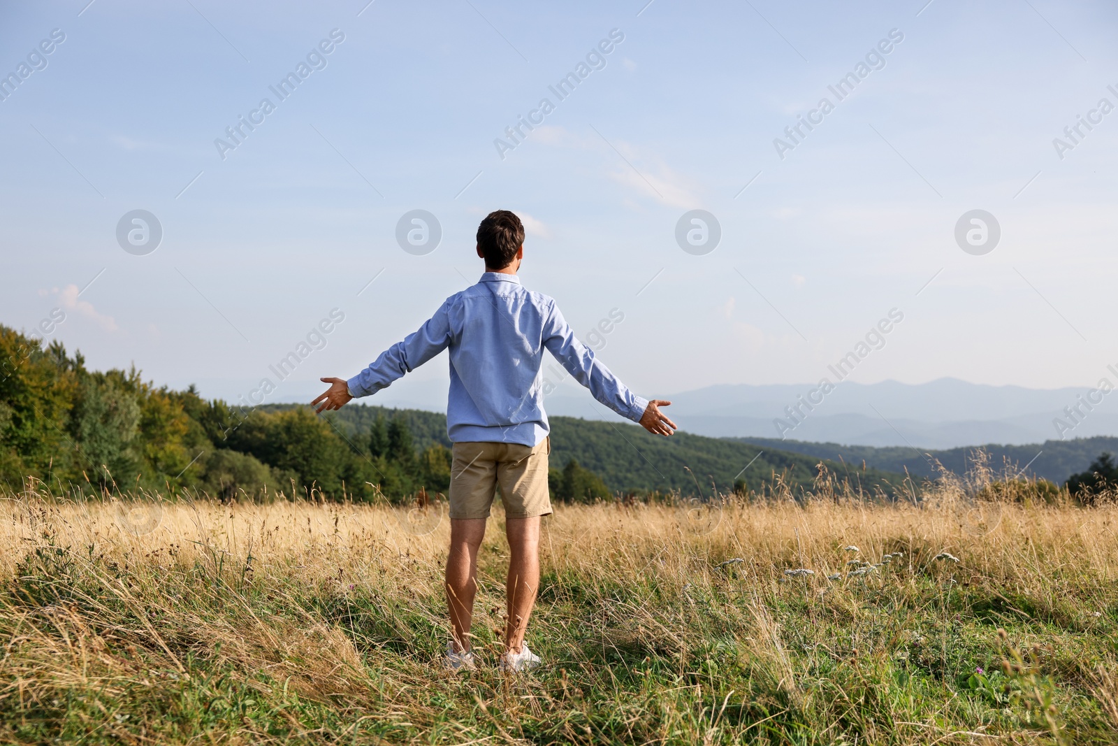 Photo of Feeling freedom. Man with wide open arms on meadow, back view