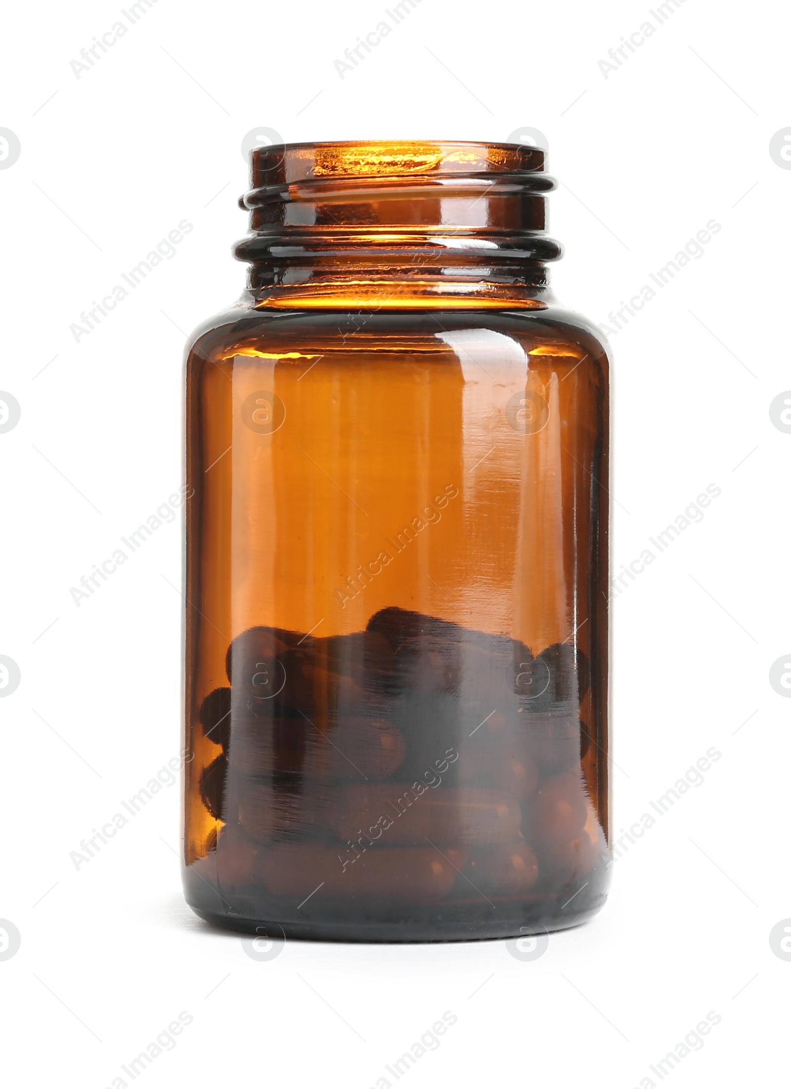 Photo of Bottle with vitamin capsules on white background