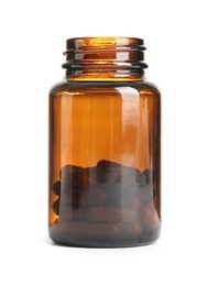 Photo of Bottle with vitamin capsules on white background