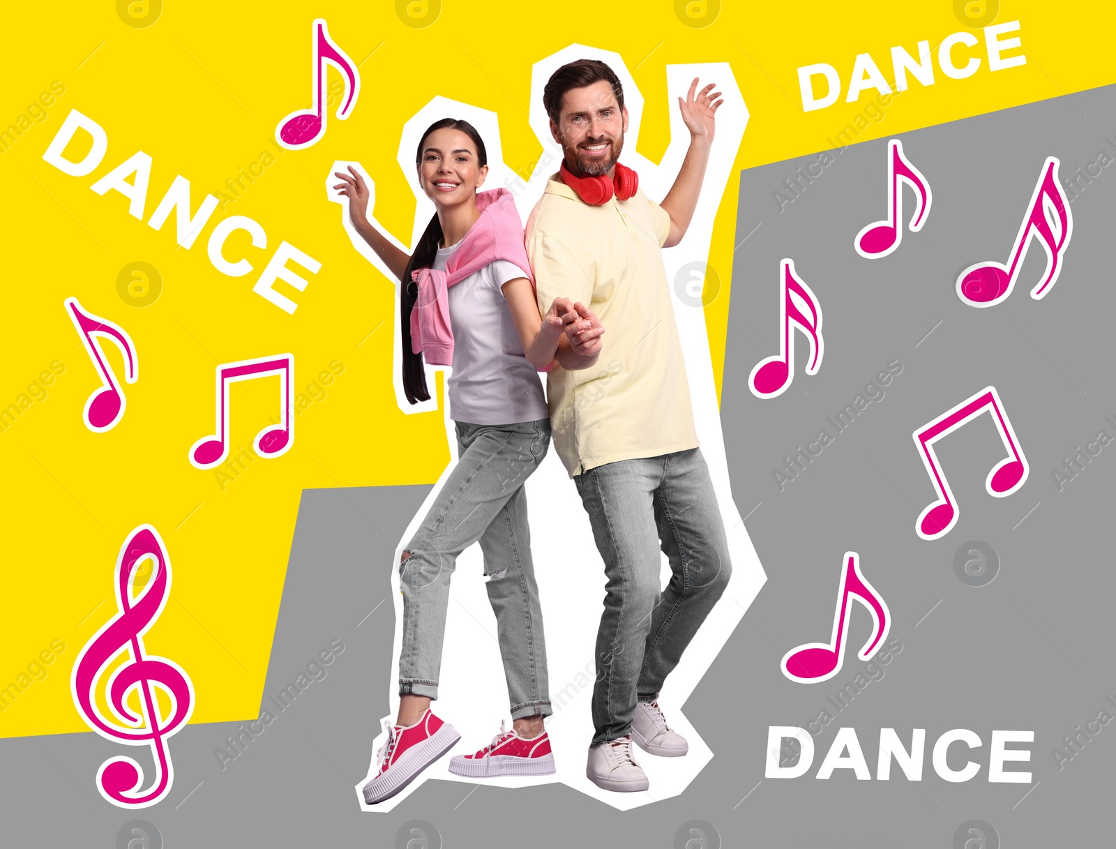 Image of Happy couple dancing on bright background. Creative collage with stylish man and woman. Concept of music, party, fashion, lifestyle