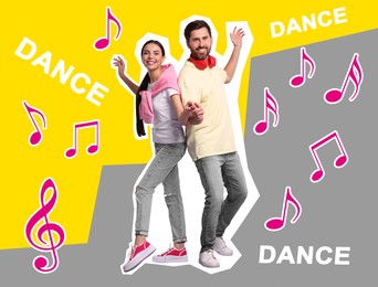 Happy couple dancing on bright background. Creative collage with stylish man and woman. Concept of music, party, fashion, lifestyle