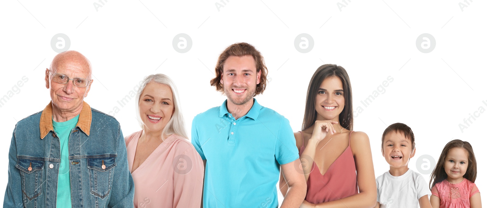 Image of People of different ages on white background. Three generations of family