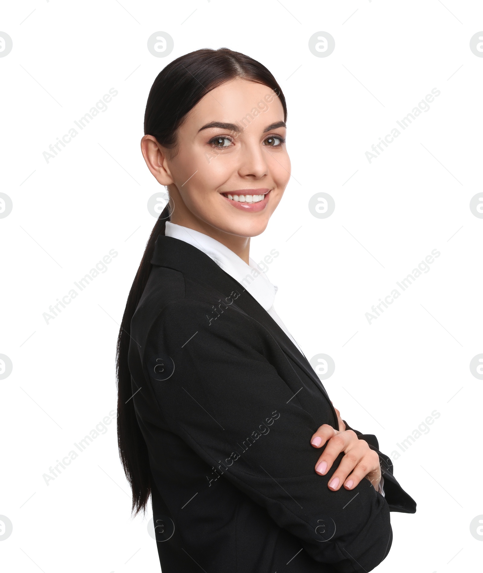 Photo of Portrait of young businesswoman on white background