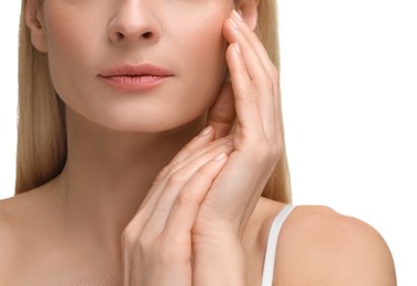 Beautiful woman with healthy skin on white background, closeup